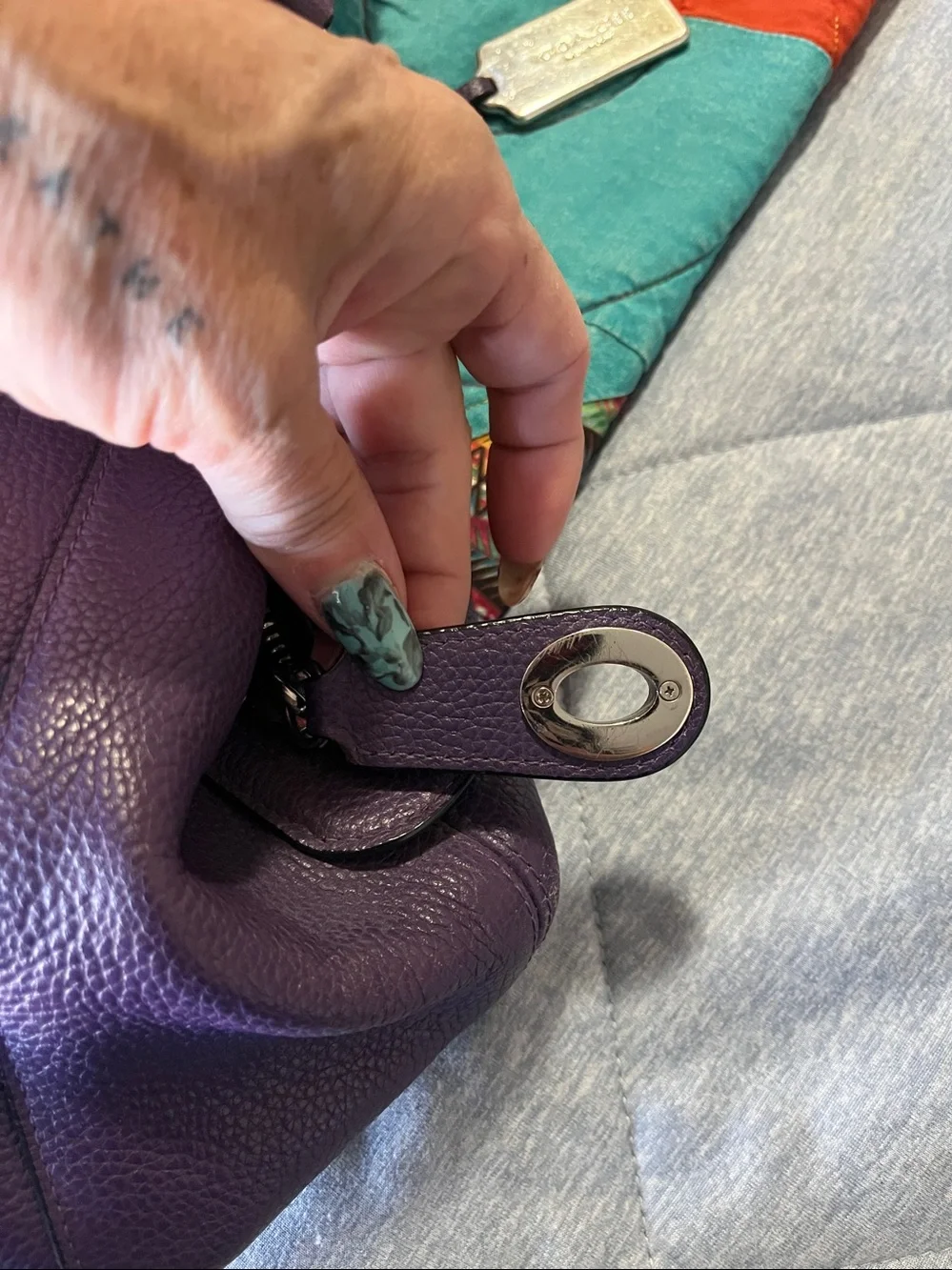Coach Pebbled Leather Shoulder Bag in Purple with Black Handles